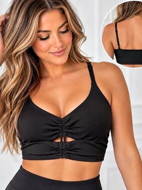 Ebb & Flow Black Ruched Cutout Sports Bra Workout Top L